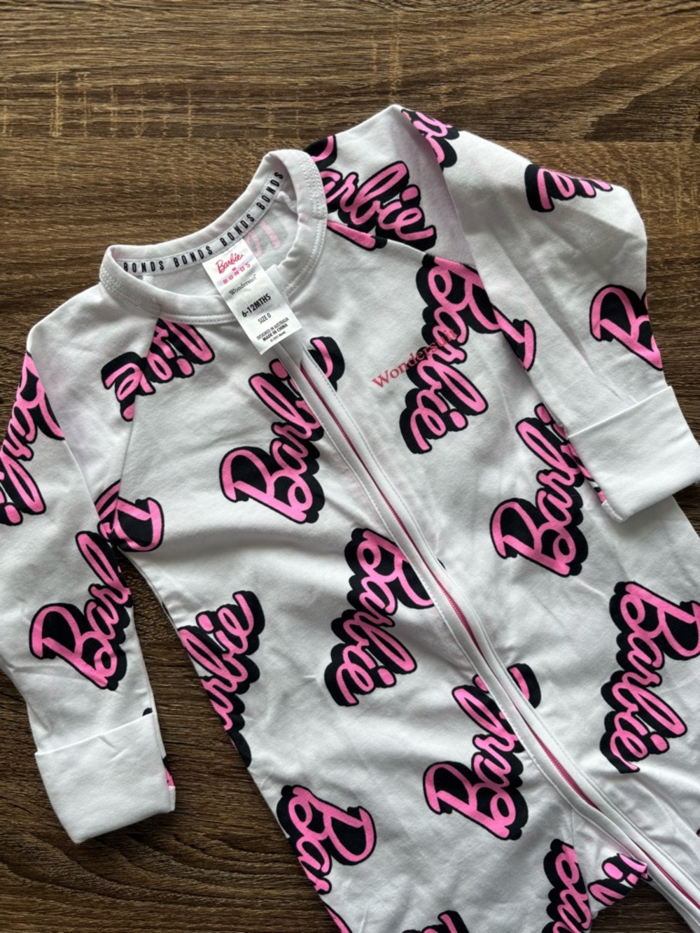 Barbie White and Pink All-Over Logo Baby Zip Romper